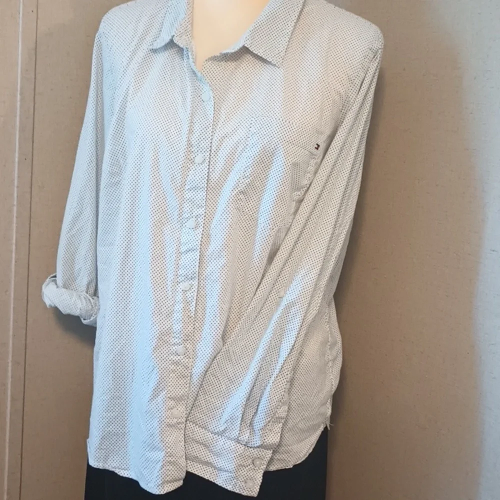 5/$20 Tommy Hilfiger XL white button down collared shirt with black polka dots. - Picture 4 of 6